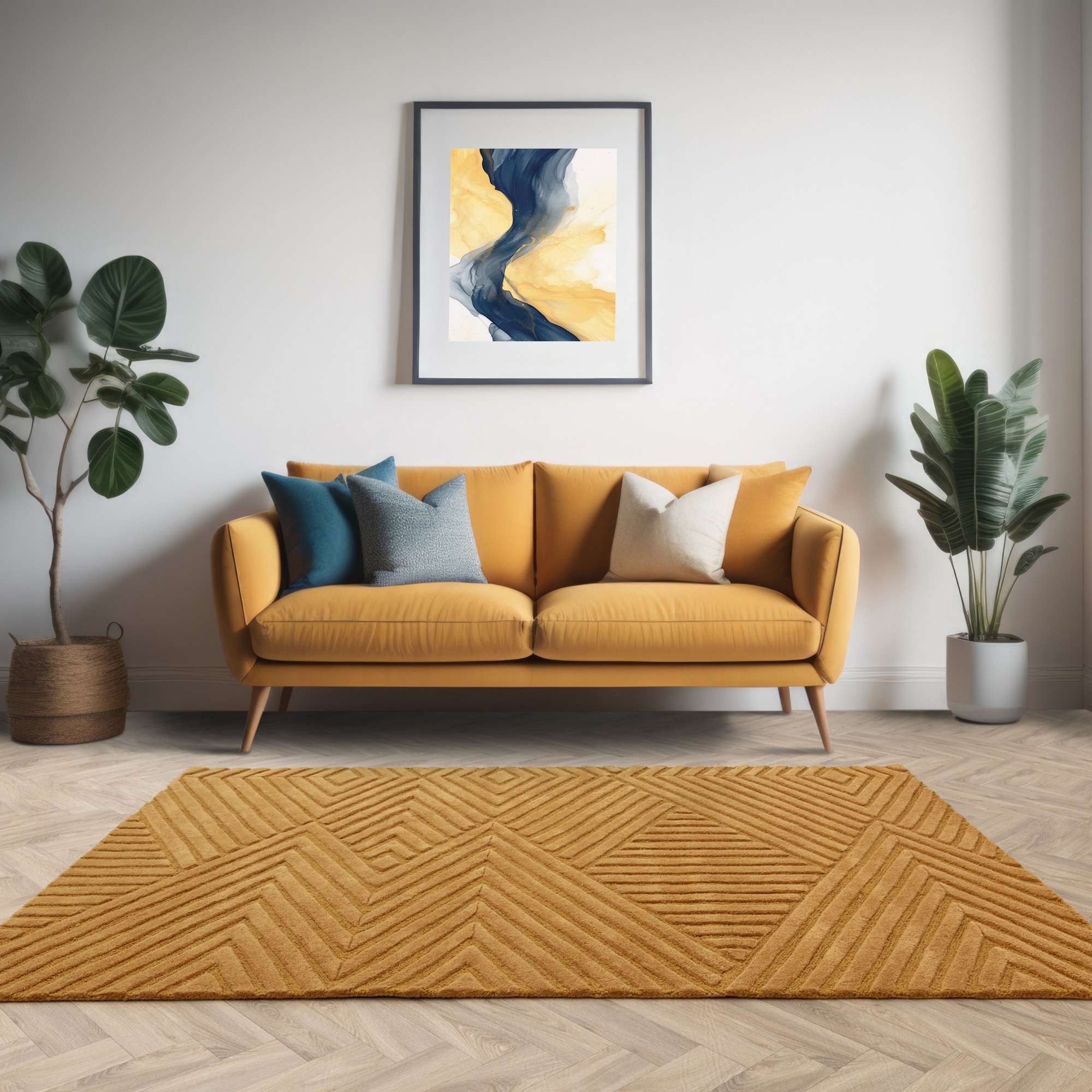 Hague Diamond Textured Wool Rugs In Ochre Yellow